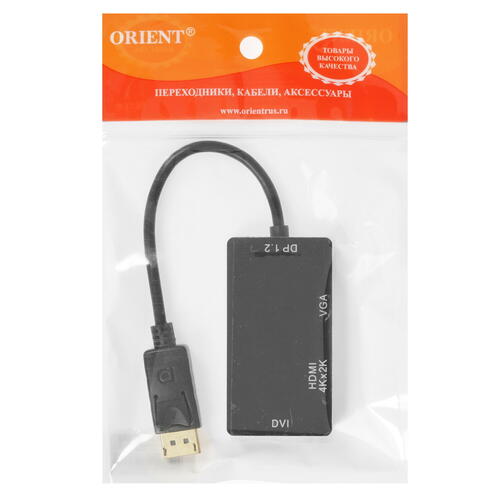 Кабель-адаптер Orient C309, DisplayPort M - HDMI/ DVI-I/ VGA, длина 0.2 метра, черный (30309)