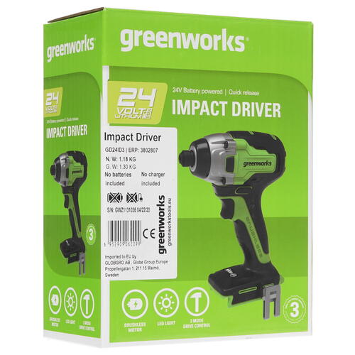Шуруповерт GREENWORKS GD24ID3 24 V без акб и з/у 3802807