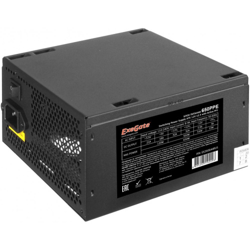 Блок питания ExeGate EX260644RUS-PC 650W 650PPE (ATX, APFC, PC, 12cm fan, 24pin, (4+4)pin, PCIe, 5xSATA, 3xIDE, FDD, black, кабель 220V)