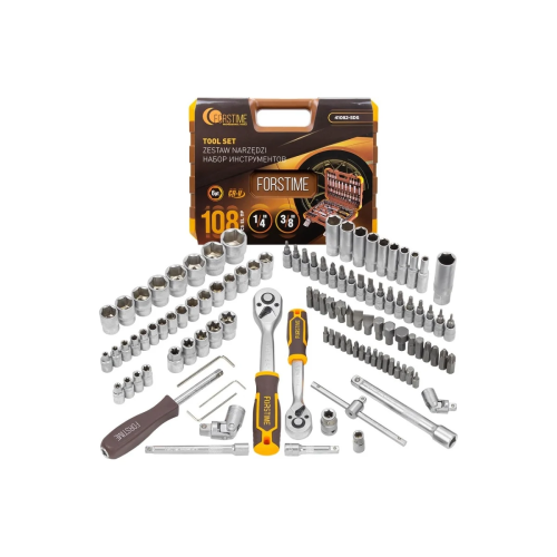 Набор инструментов FORSTIME FT-41082-5DS (57355) в пластиковом кейсе (108 предметов) 1/4", 3/8"