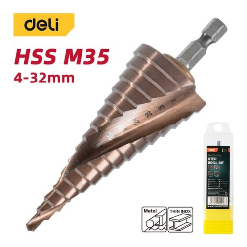 Сверло ступенчатое по металлу Deli DH-JTZ032-E3 4-32мм, HSS M35, спиральная канавка, шестигранный хвостовик