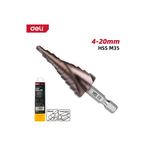 Сверло ступенчатое по металлу Deli DH-JTZ020-E3 4-20мм, HSS M35, спиральная канавка, шестигранный хвостовик