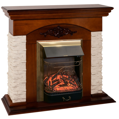 Электрокамин RealFlame Neapolis NT орех с очагом Majestic Lux Brass